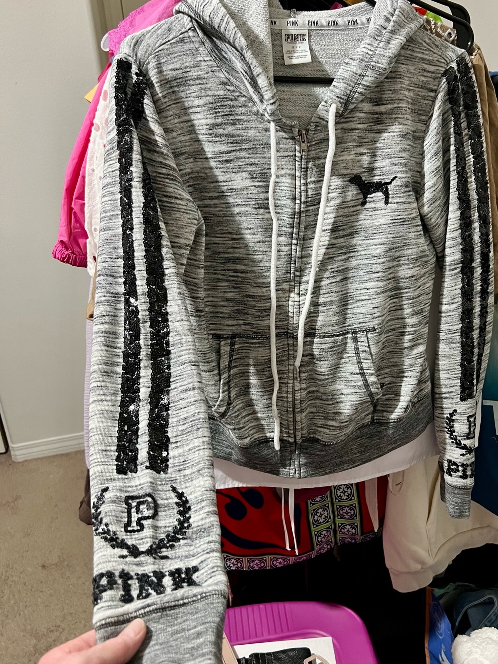 Vintage PINK Victoria's Secret Gray Marled Sequin Bling Logo Hoodie & Jogger Set - Picture 12 of 16